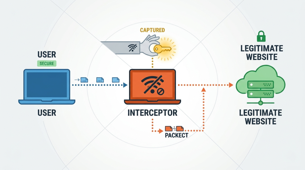 Interceptor capturing session keys between user and server, illustrating multi factor authentication bypass methods via MITM attacks.