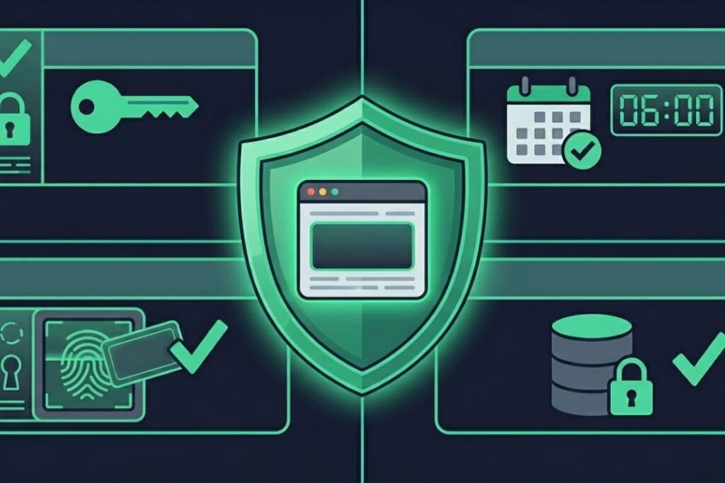 Security shield with key, expiry, fingerprint, and database icons addressing JWT authentication vulnerabilities common in apps