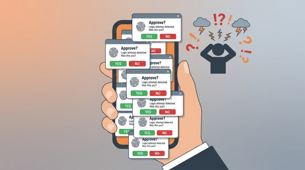 Overwhelmed user facing repeated approval prompts, depicting MFA fatigue as one of the multi factor authentication bypass methods.