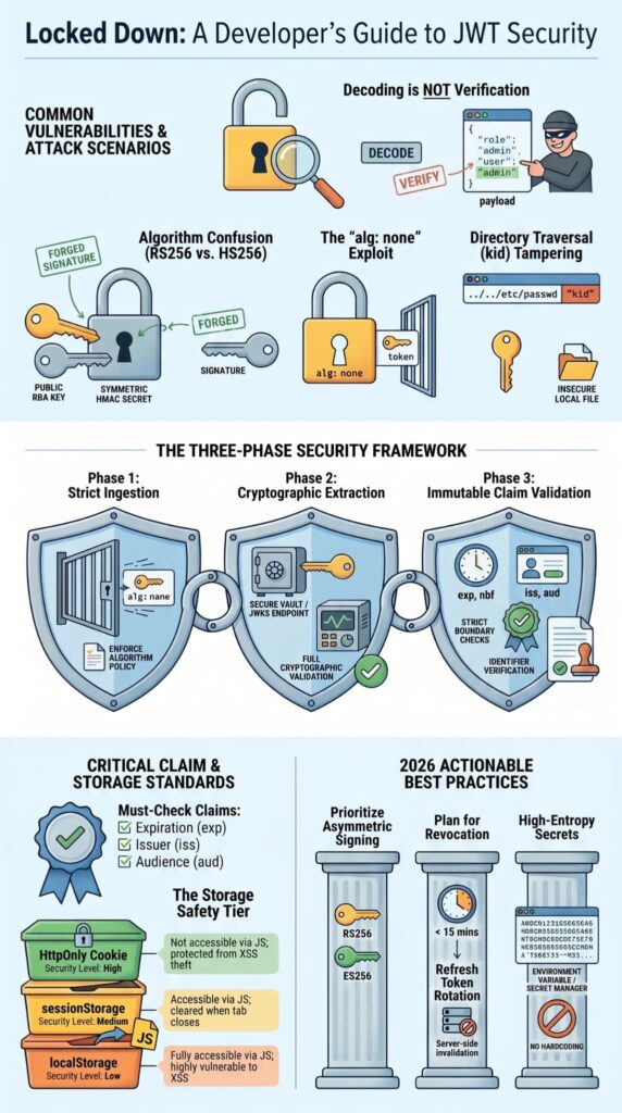 Infographic covering JWT authentication vulnerabilities common to developers including alg:none exploit and storage risks