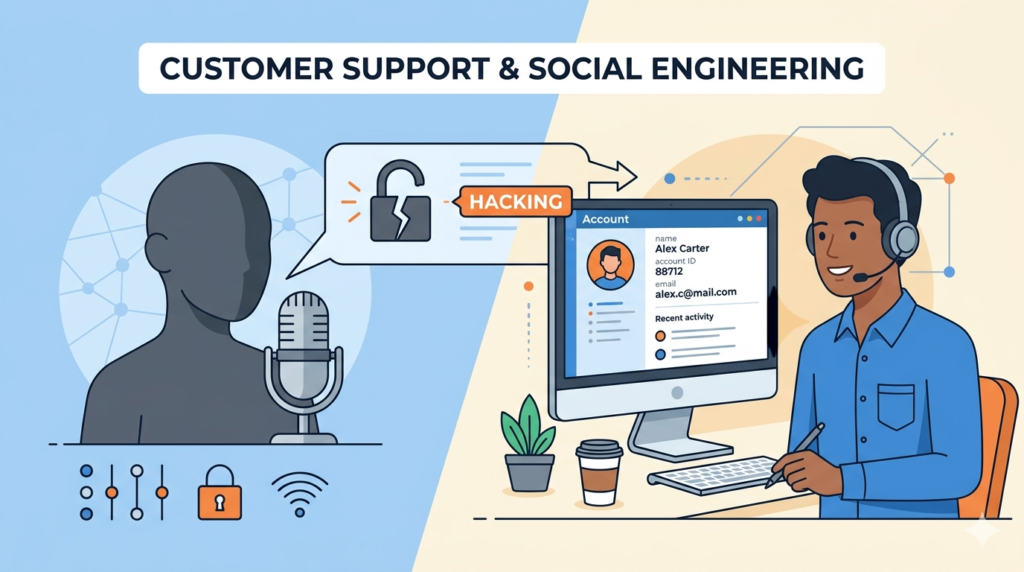 Threat actor manipulating support agent to gain access, showing social engineering among multi factor authentication bypass methods.