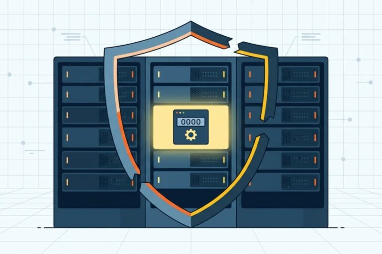 Cracked shield exposing a server with a default password panel highlighting the default credentials security risk to infrastructure
