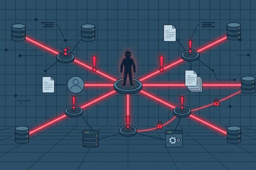Dark figure accessing multiple databases and files via red alert paths showing the default credentials security risk impact