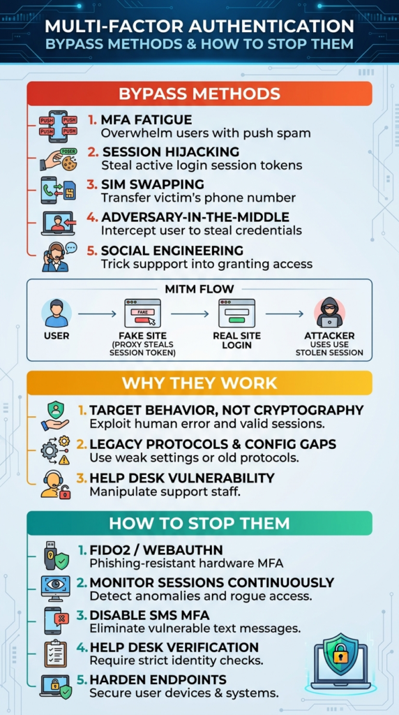 Diagram covering multi factor authentication bypass methods like session hijacking, SIM swapping, and FIDO2 defenses.