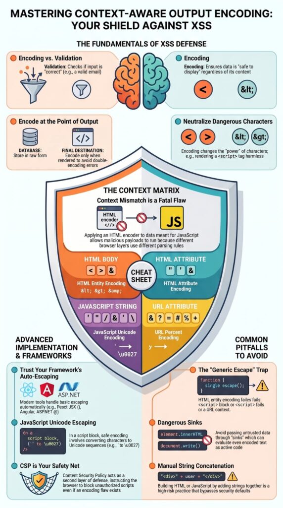 Infographic showing how output encoding prevent XSS correctly using context matrix, cheat sheet, and CSP layers.
