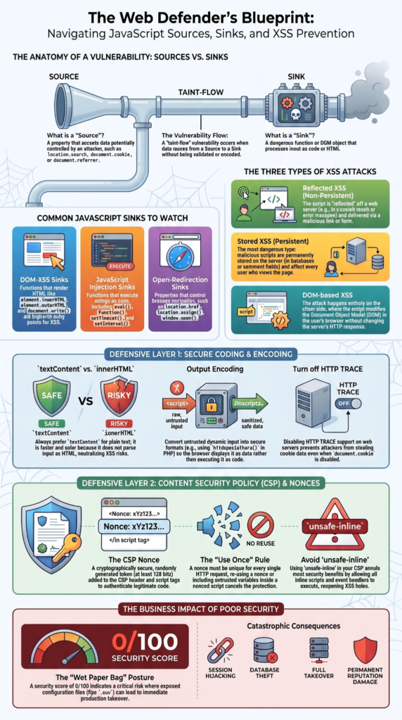 Infographic showing how to prevent XSS vulnerabilities in web application using sources, sinks, and CSP defensive layers.