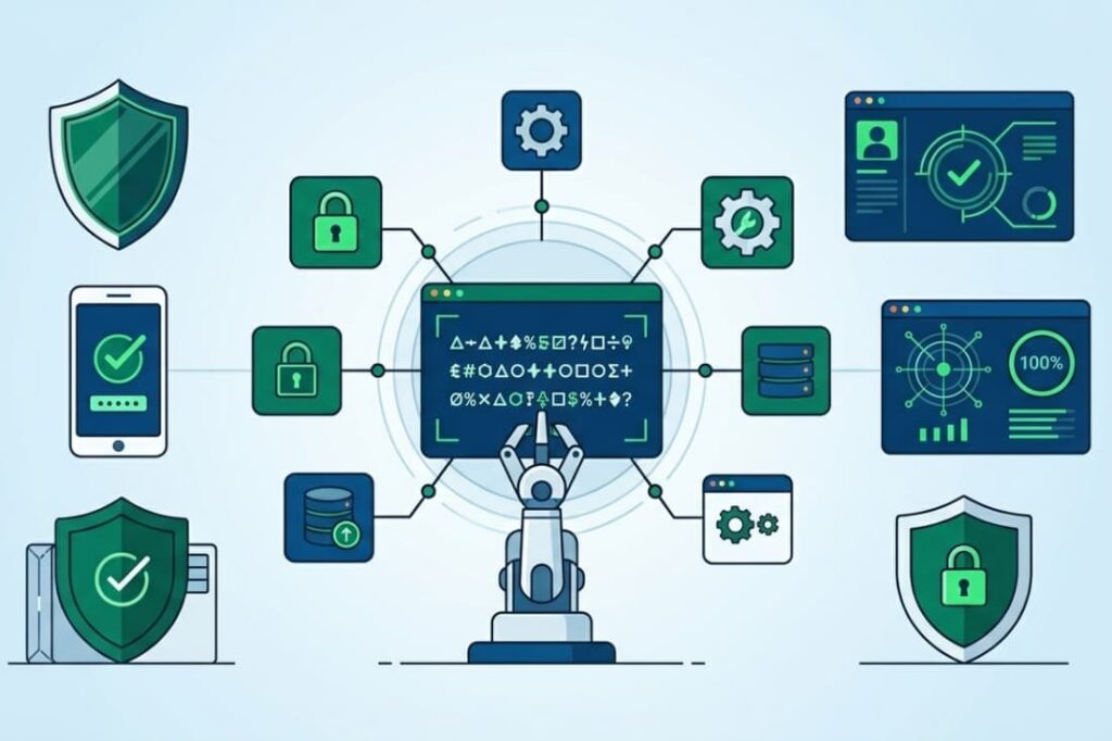 Automated robot managing locks, shields, and databases illustrating how to reduce default credentials security risk with tools