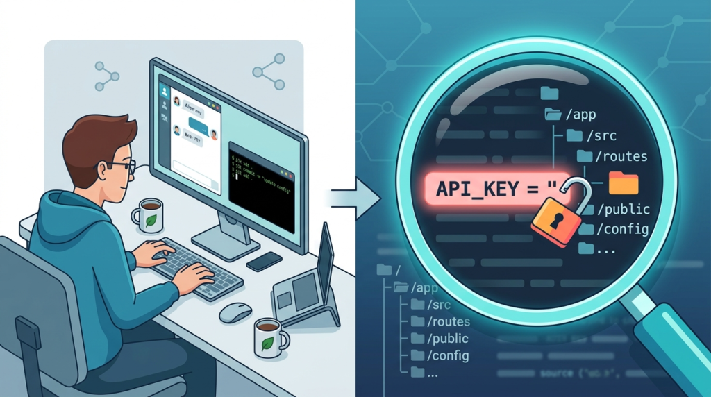 Close-up of an API_KEY variable in source code showing how sensitive data gets exposed via public repository leaks