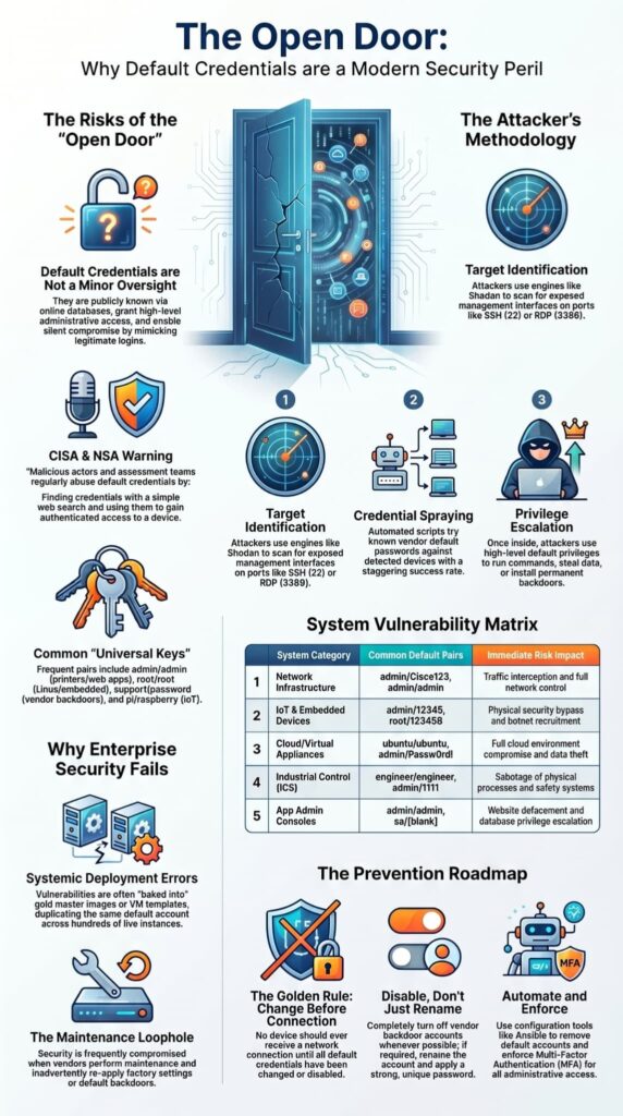 Infographic explaining default credentials security risk with attacker methodology, vulnerability matrix, and prevention roadmap