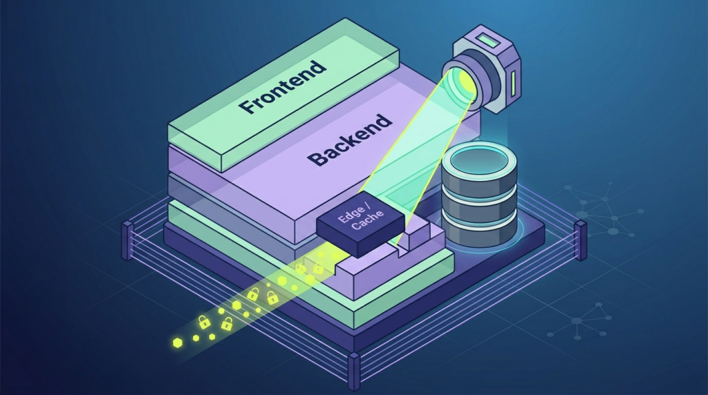 Frontend, backend, and edge cache layers with security tokens leaking, illustrating how sensitive data gets exposed