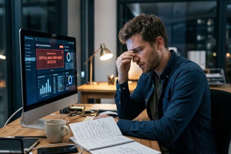 IT professional stressed by critical non-compliance alert on screen requiring PCI compliance software
