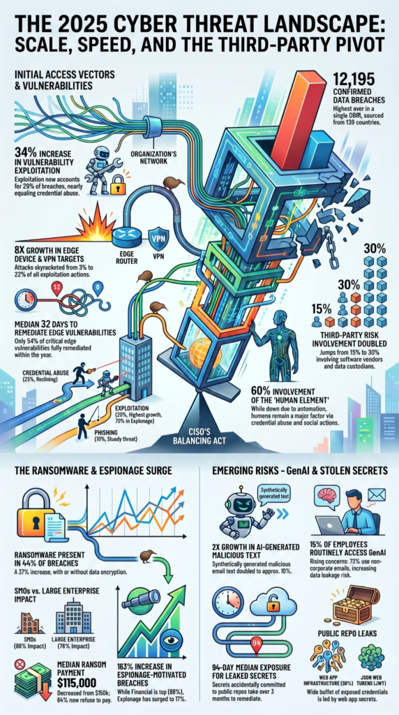 2025 cyber threat statistics showing how sensitive data gets exposed via exploitation, credential abuse, and espionage
