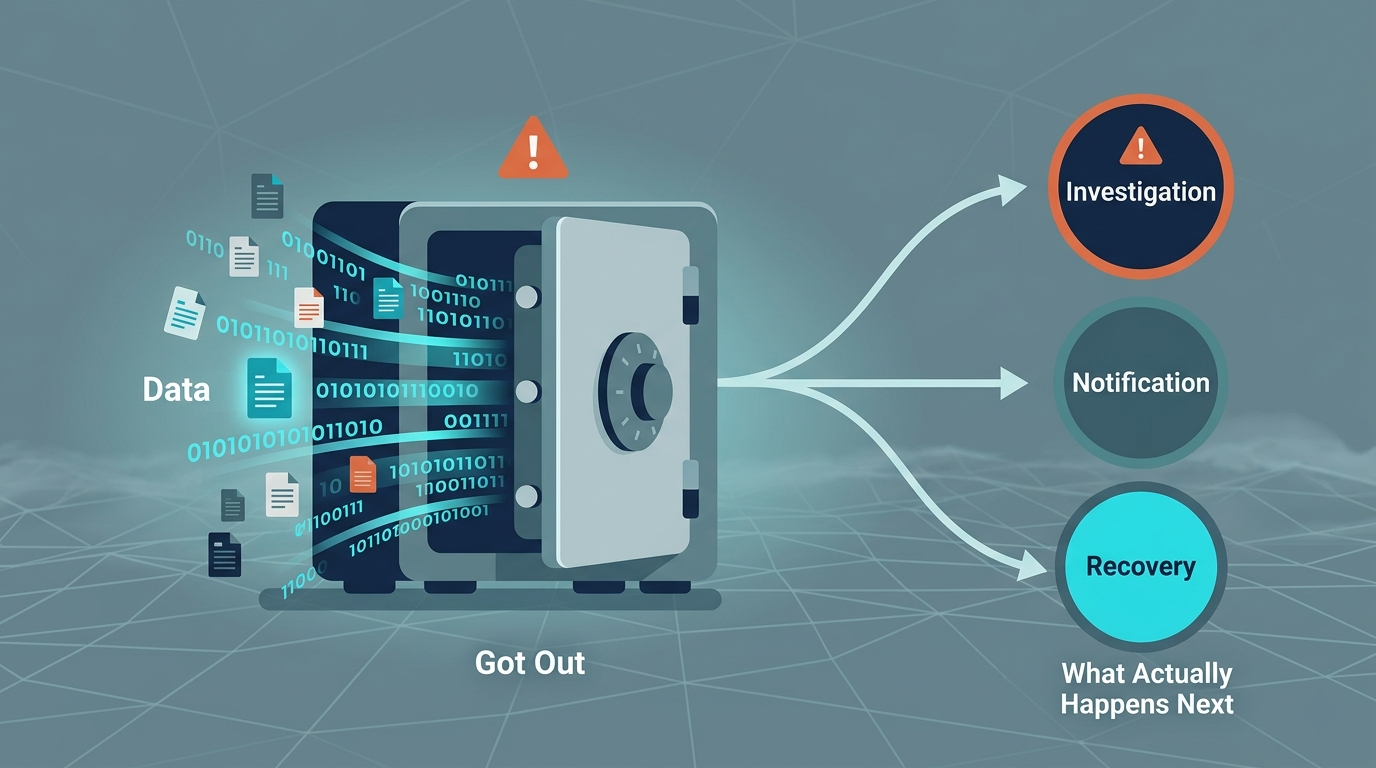 Open security safe leaking binary data, illustrating consequences of data exposure breach and required response steps