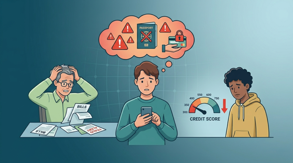 Worried people facing stolen identity and ruined credit scores showing real-life consequences of data exposure breach