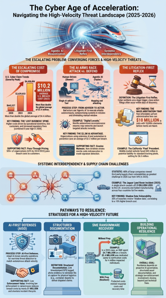 2025–2026 cyber threat infographic showing consequences of data exposure breach across supply chains and ransomware surge