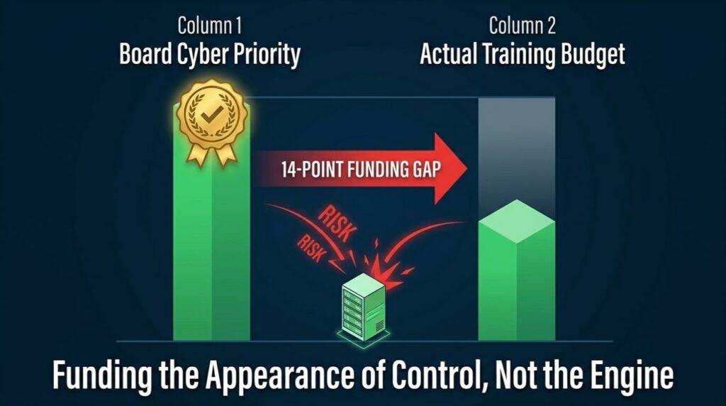 Bar chart showing funding gap between cybersecurity priority and training budgets for PCI compliance software