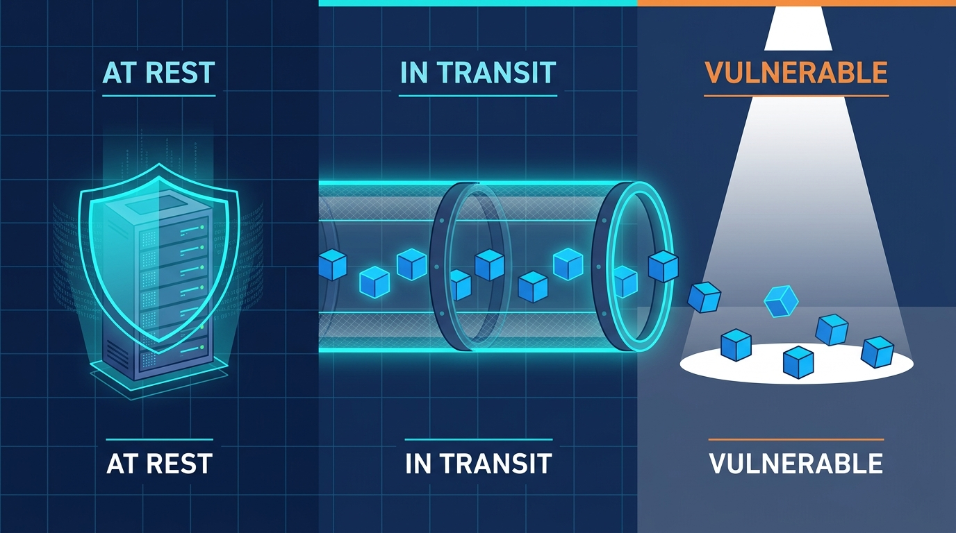 Visual of protecting data rest transit examples with the vulnerable in-use state highlighted by exposed glowing cubes