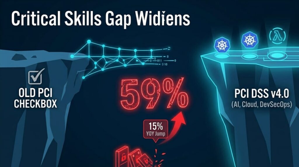 Cliff gap diagram illustrating widening skills shortage between legacy audits and modern PCI compliance software