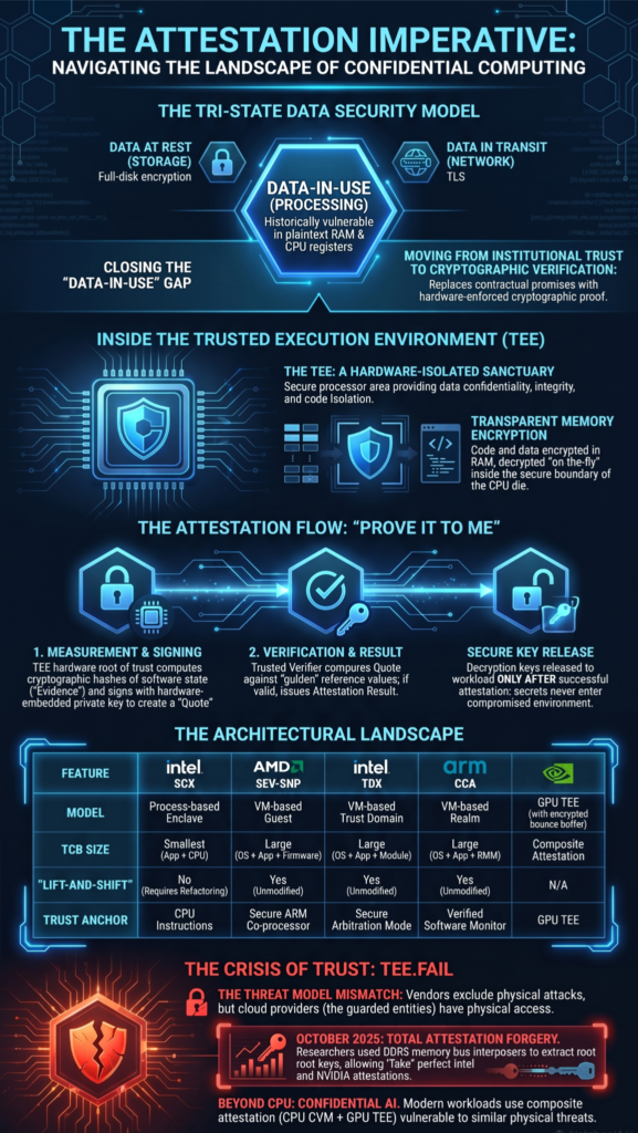 Infographic on protecting data rest transit examples and in-use via TEE attestation flow and hardware security models