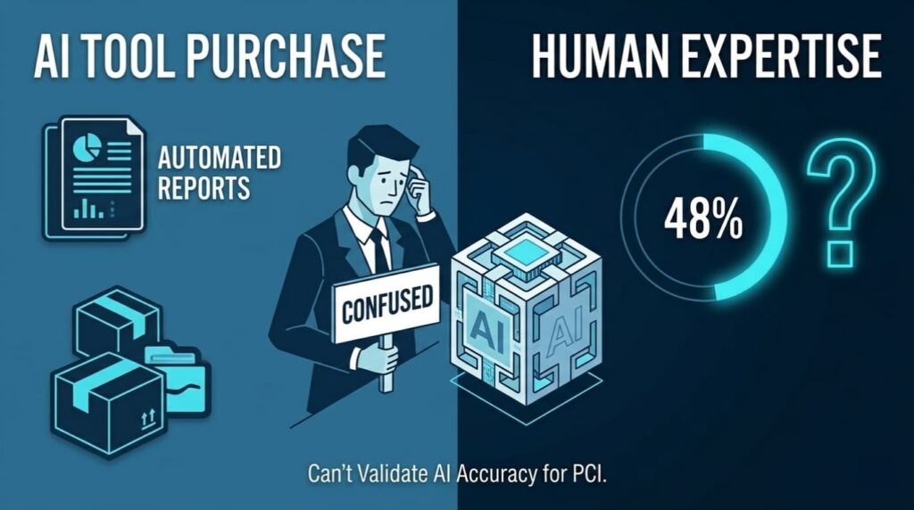 Split graphic comparing AI tools versus human expertise for validating PCI compliance software accuracy
