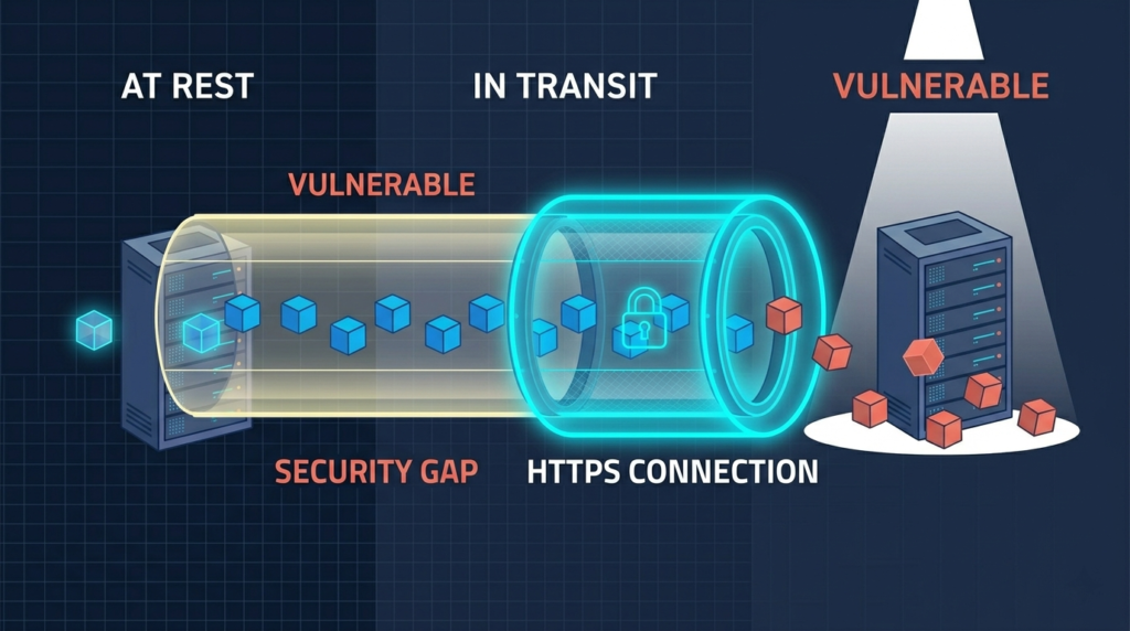 Visual of data encryption best practices developers apply, contrasting secure HTTPS tunnels with unprotected rest and endpoint gaps