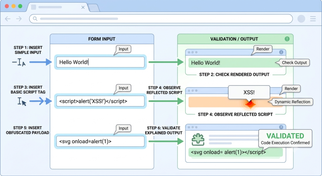 Diagram illustrating testing for XSS examples tools for identifying blind XSS execution paths.