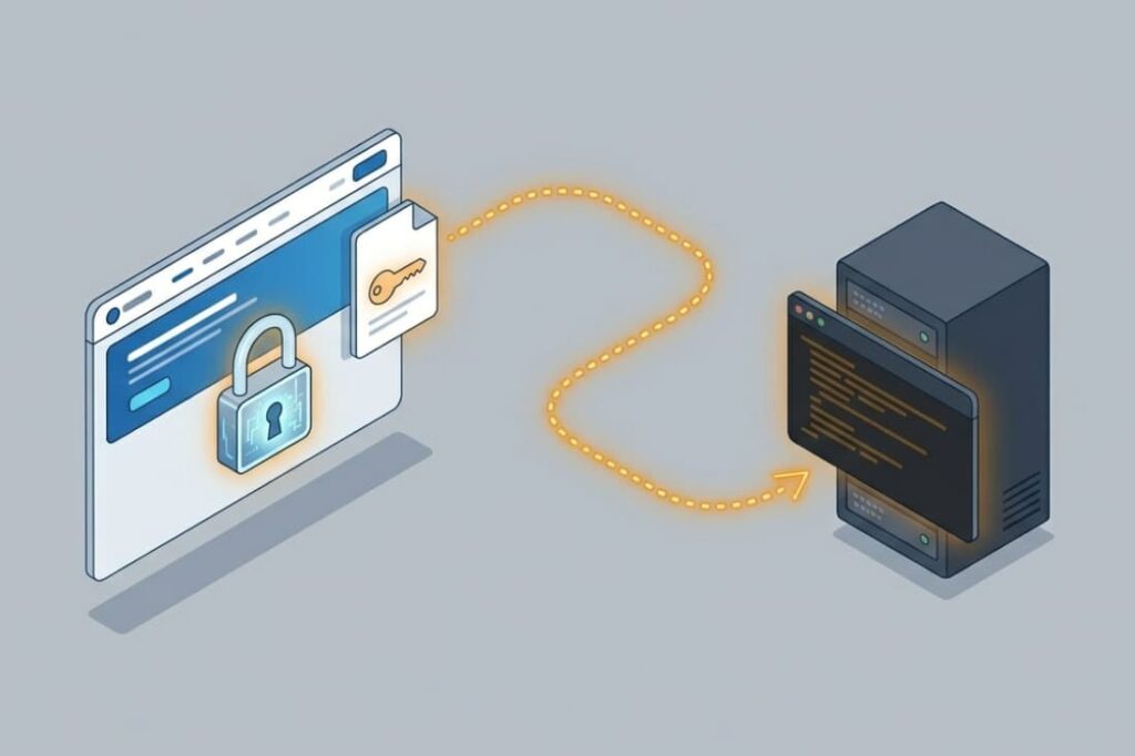 Session token stolen from browser to server via glowing path, visualizing real world XSS attack impact on credentials.