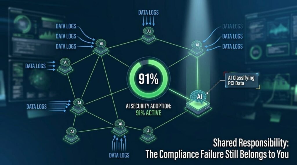 AI network diagram showing data log classification and shared responsibility in PCI compliance software