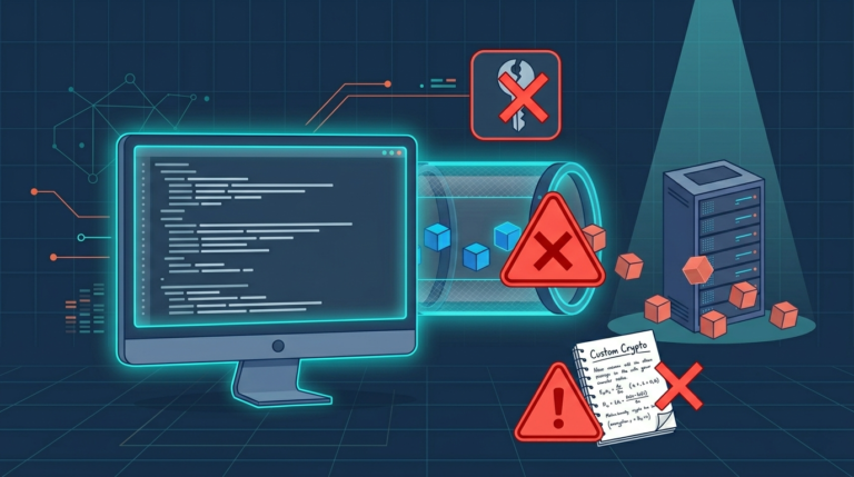 Diagram showing data encryption best practices developers must avoid, including weak custom cryptography and insecure tunnels