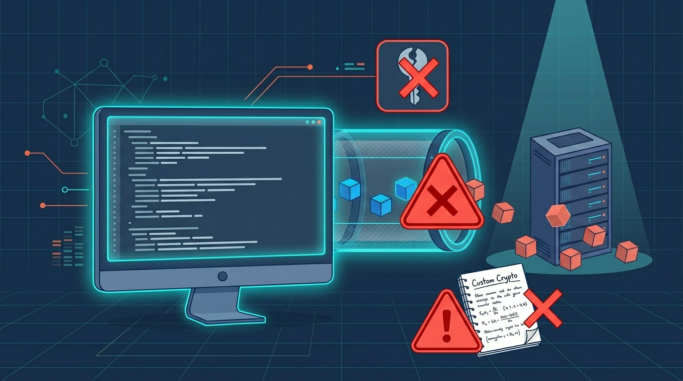 Diagram showing data encryption best practices developers must avoid, including weak custom cryptography and insecure tunnels