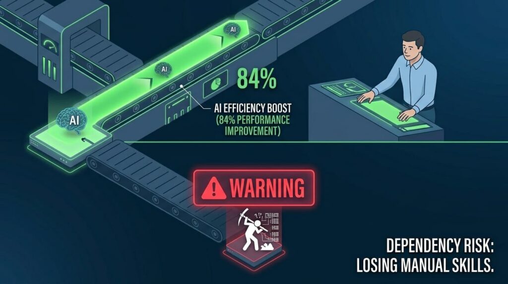 AI conveyor belt illustration showing efficiency gains and dependency risks in PCI compliance software