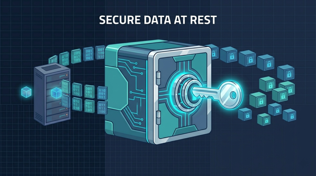Illustration of data encryption best practices developers apply for storage, using vault-style key-based encryption for data at rest