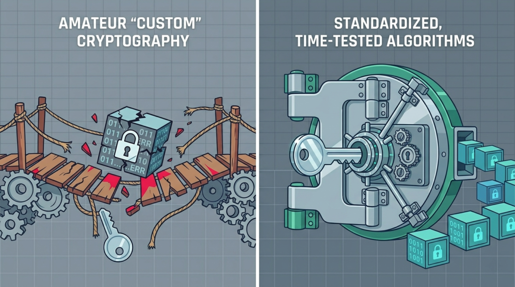 Data encryption best practices developers must adopt shown as a bank vault versus a crumbling rope bridge of amateur cryptography