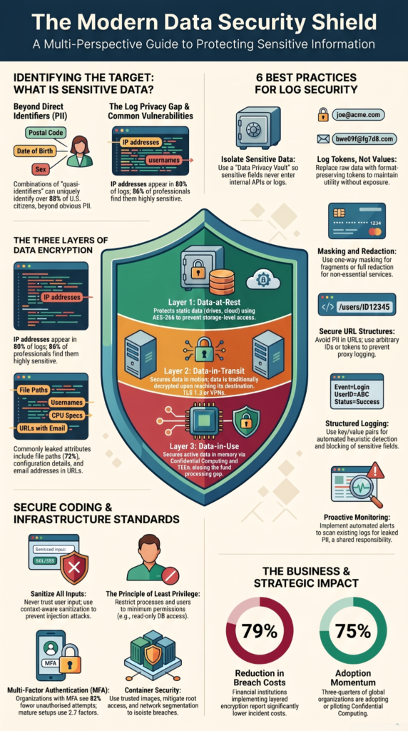 Modern security shield infographic covering data encryption best practices developers need for data at rest, transit, and in-use layers