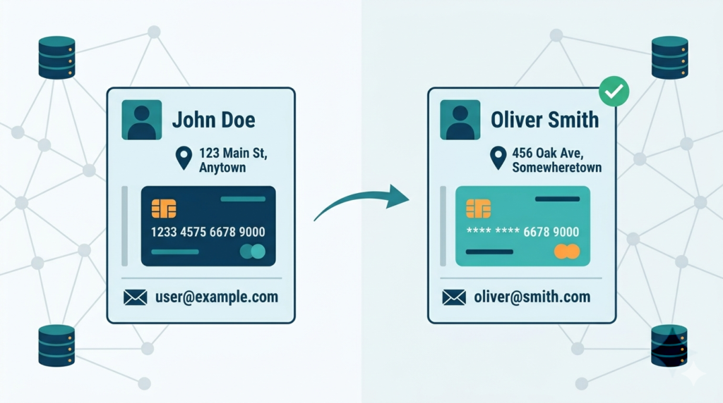 A common data masking techniques guide illustrated by two profile cards showing name, address, and card number pseudonymization