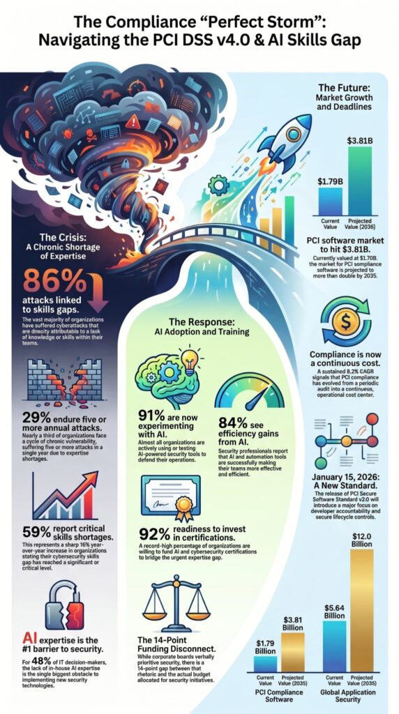 Infographic covering AI skills gap and market growth projections for PCI compliance software landscape