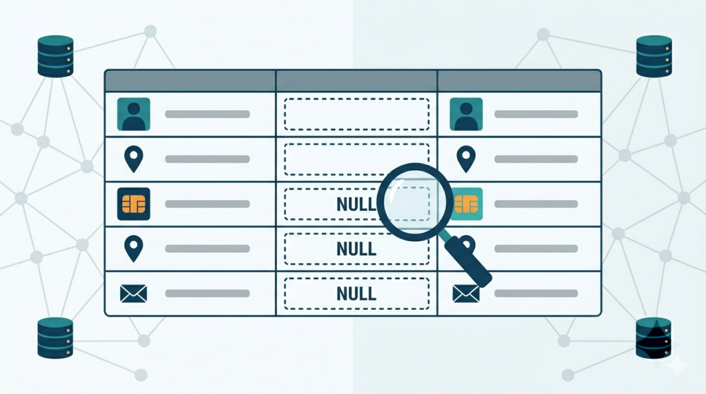 A common data masking techniques guide shown as a database table with suppressed NULL fields inspected under a magnifying glass