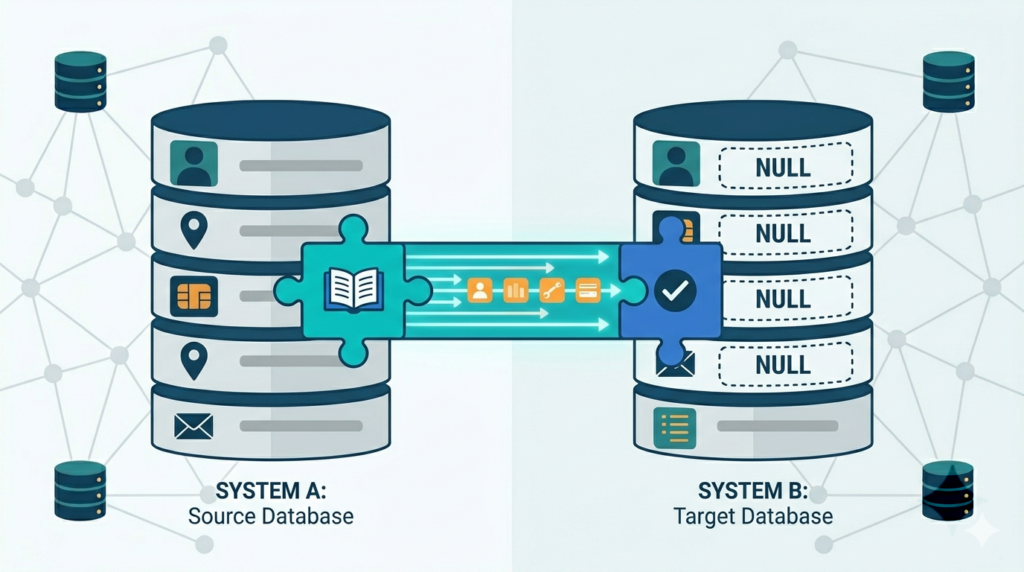 A common data masking techniques guide showing suppression applied as source database fields transfer as NULL to a target system
