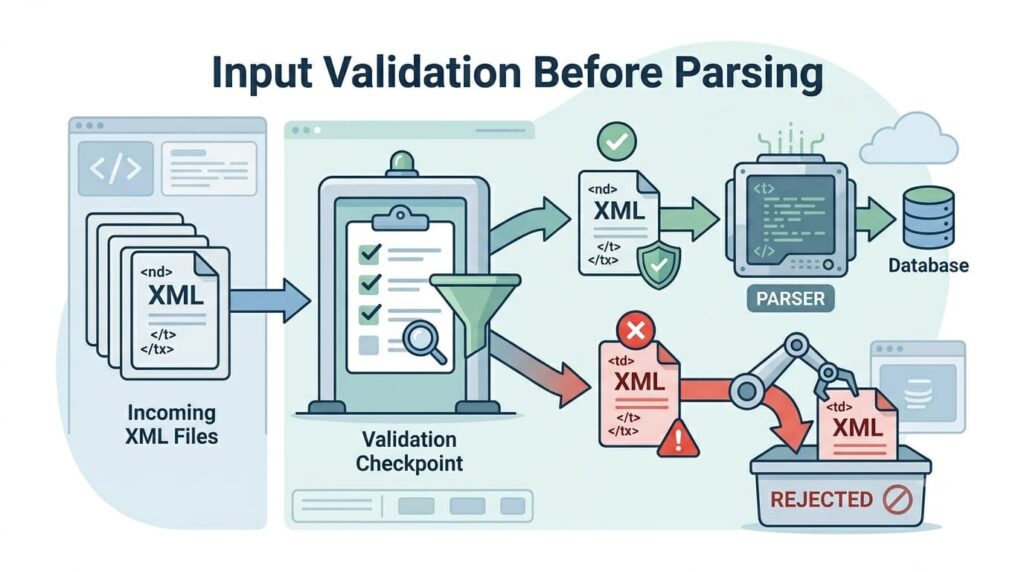 Using safer XML processing libraries validates incoming XML files before parsing into the database