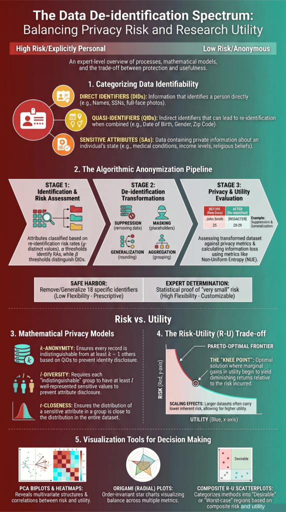 Infographic serving as a common data masking techniques guide covering anonymization pipelines, privacy models, and risk-utility tradeoffs