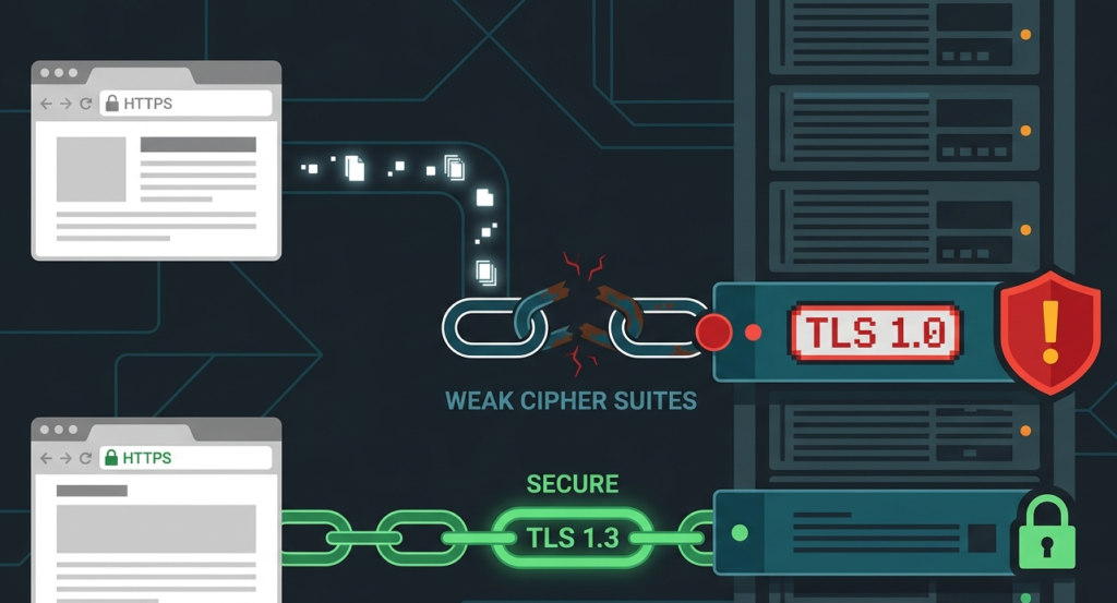 Server illustration with outdated TLS config highlighting risks of sensitive data exposure.