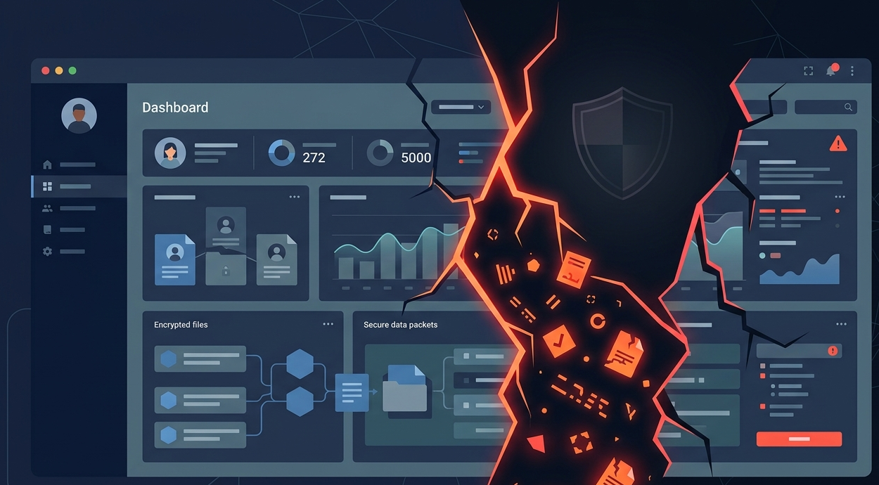 Flat vector art showing application data breach risks of sensitive data exposure.