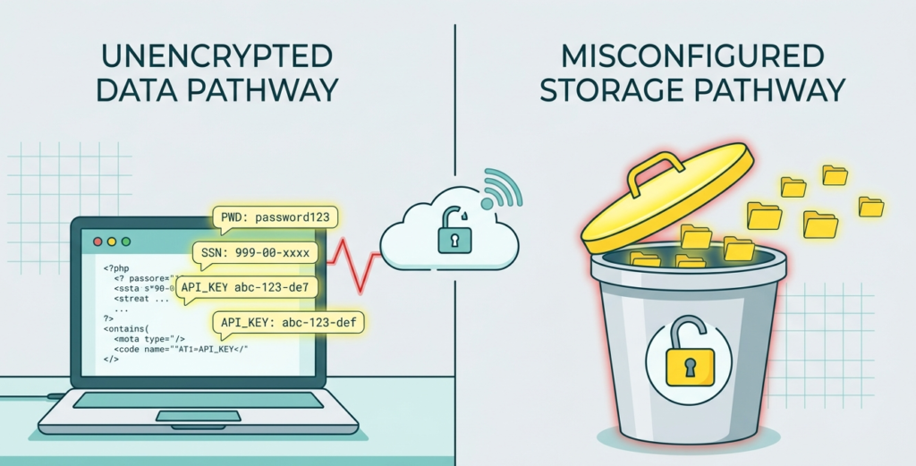 Split-screen graphic displaying network vulnerabilities and risks of sensitive data exposure