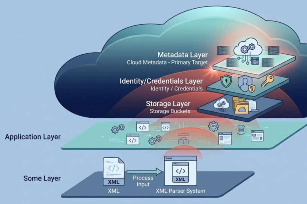 Impact of successful XXE attack reaching cloud metadata, identity credentials, and storage layers