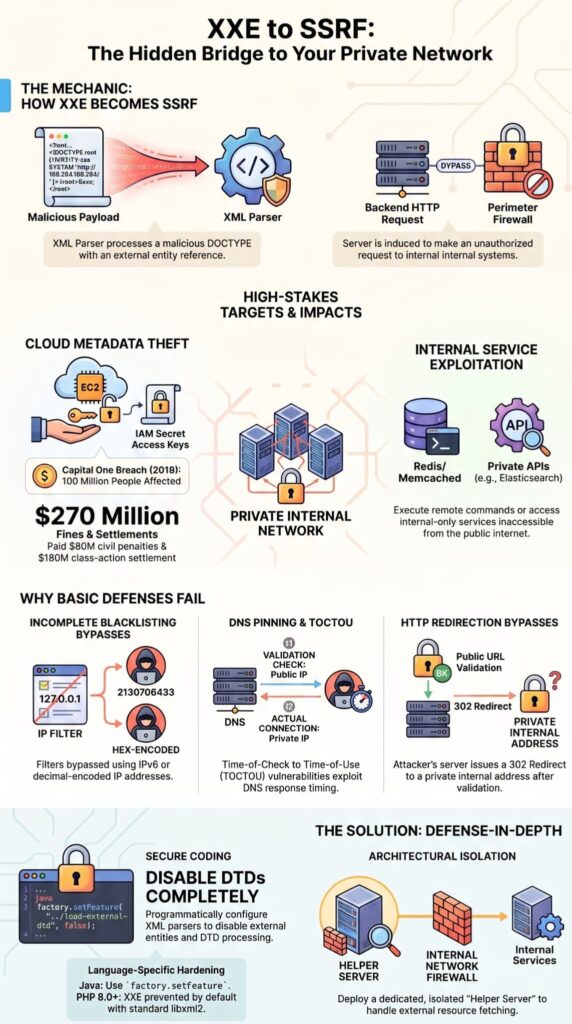 Impact of successful XXE attack shown as XML parser exploited to bypass firewalls into private networks