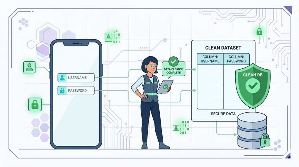 Diagram of data minimization principles software workflow cleansing mobile login inputs into a clean secured database with verified fields