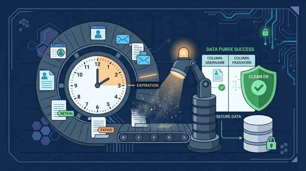 Illustration of data minimization principles software enforcing timed expiration, purging expired records into a clean secured database
