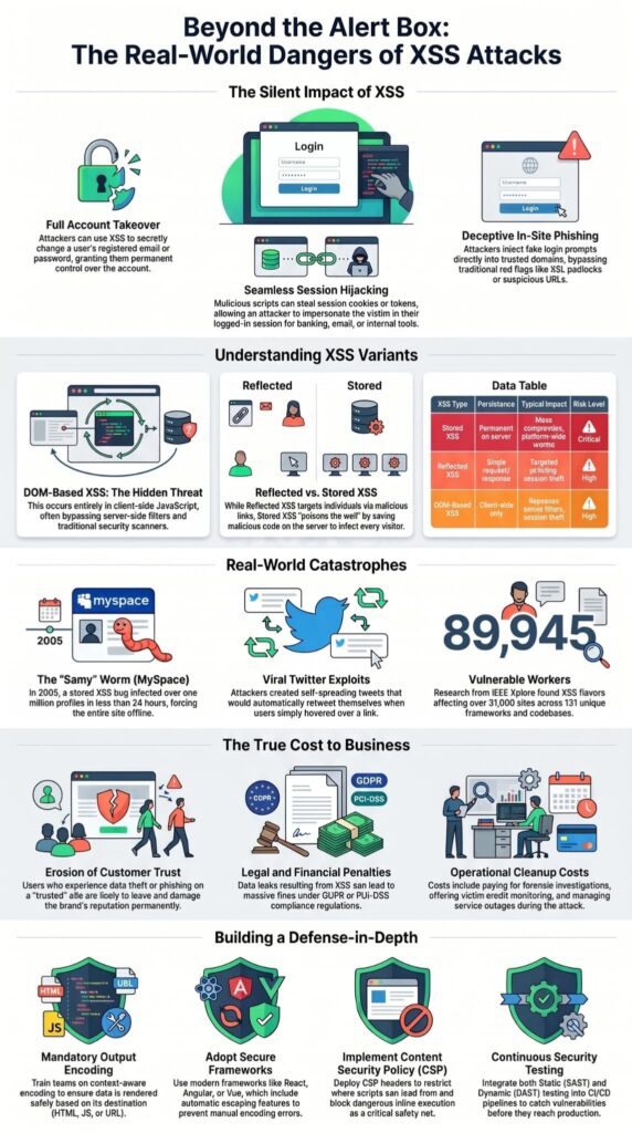 Infographic detailing real world XSS attack impact including session hijacking, phishing, and business cost breakdowns.