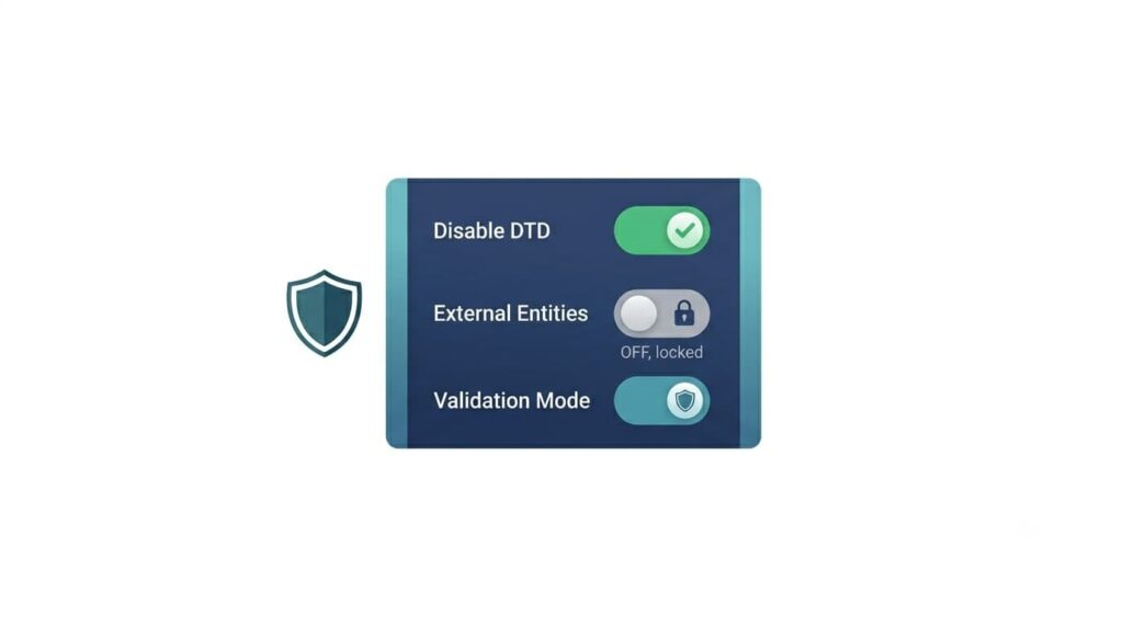 Content validation against XXE settings showing disabled DTD and locked external entity toggles