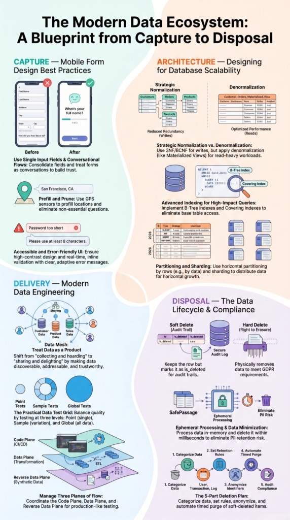 Blueprint infographic covering data minimization principles software teams use across capture, architecture, delivery, and disposal stages